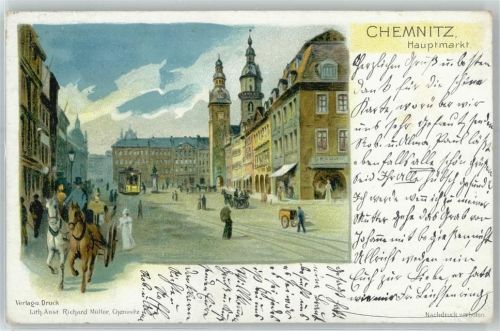 Chemnitz Zeichnung Hauptmarkt, Pferdekutsche, Strassenbahn