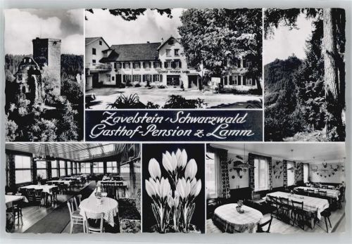 75385 W7264 Zavelstein Gebrauchsspuren Gasthof, Pension zum Lamm, Blick zur Burg, Landpoststempel
