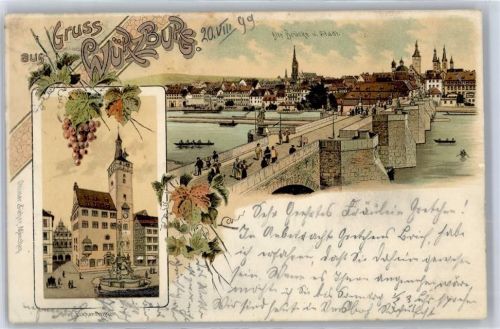 Würzburg Graf Eckhardtthurm, Alte Brücke u. Stadt, Lithographie
