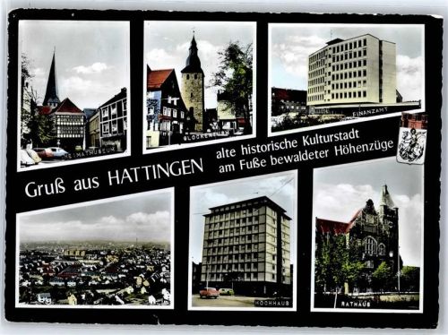 45525 W4320 Hattingen , Ruhr - Heimatmuseum Glockenturm Finanzamt Wappen Hochhaus Rathaus