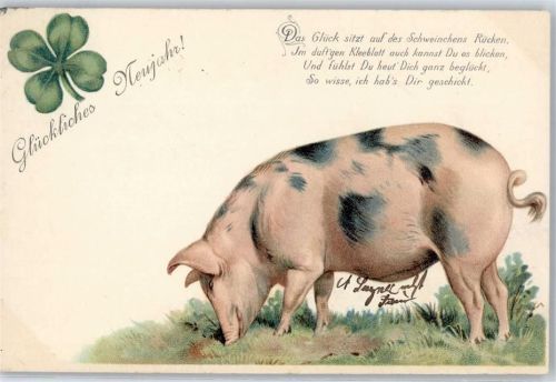 Kleeblatt Neujahr Poesie Schwein 1900