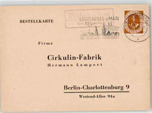 96253 W8621 Birkach a Forst - Landpoststempel Bestellkarte Cirkulin Fabrik Hermann Lampert Charlottenburg