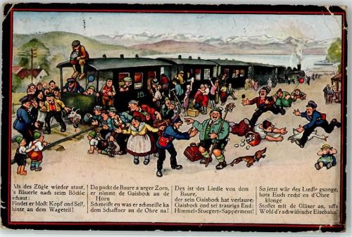 Auf de schwäbische Eisebahne Dackel Frau Kind Humor