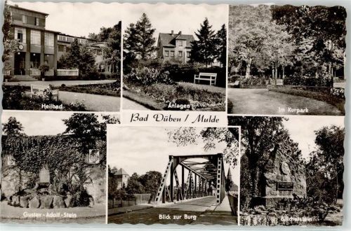 04849 O7282 Bad Düben - Heilbad Anlagen Kurpark Gustav adolf Stein Burg Brücke Blücherstein