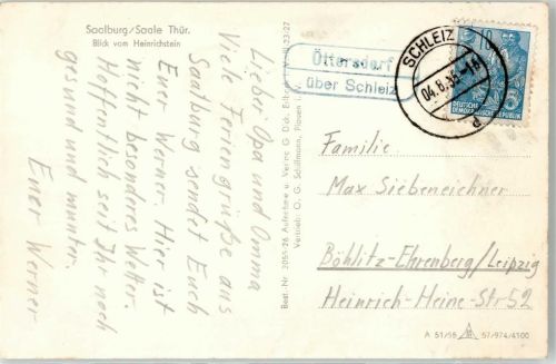Saalburg Landpoststempel Öttersdorf Blick vom Heinrichstein Schiff