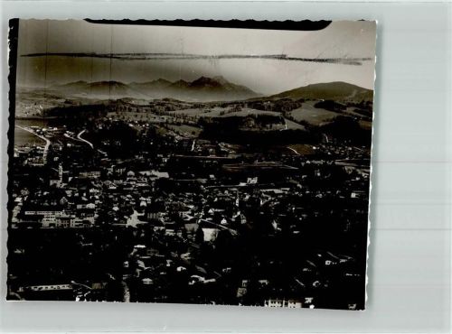 Miesbach Fliegeraufnahme des Ortes mit Stadtpfarrkirche Mariä Himmelfahrt Foto Original aus Archiv eines Ansichtskartenverlages Ort handschriftlich Farbstrich im Bild