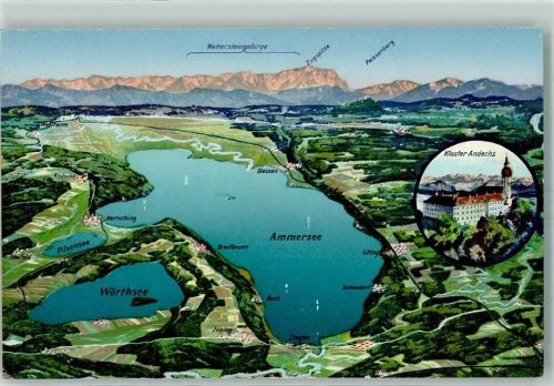 Andechs Ammersee Pilsensee Utting Buch Diessen Panoramakarte Verlag Ottmar Zieher Wettersteingebirge