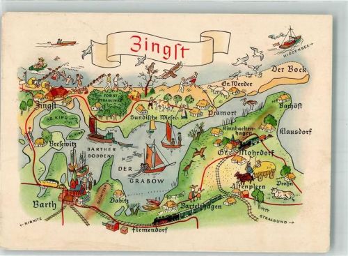Zingst Stilisierte Landkarte der Halbinsel mit Sehenswürdigkeiten VEB Volkskunstverlag Künstlerkarte