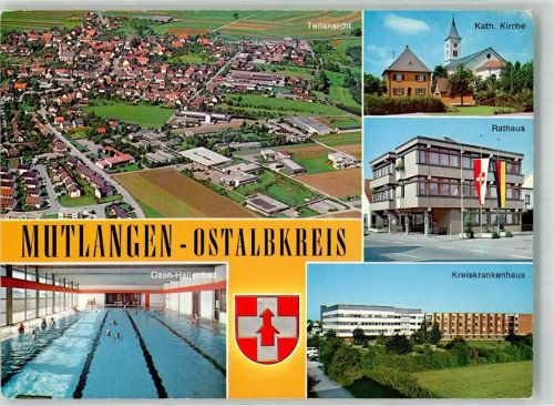 Mutlangen 1984 Schwimmbad Kath. Kirche Rathaus Krankenhaus Fliegeraufnahme