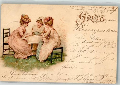 1898 sign. HMB Drei elegante Frauen beim Kaffeekränzchen Hutmode