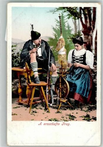 1909 Mann in Tracht stellt seiner Liebsten am Spinnrad eine ernste Frage Purger & Co. Photochromie 1355