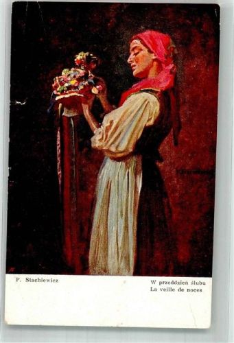 1941 sign. Stachiewicz Junge Frau in Tracht mit einem bunten Blumenstrauß Künstlerkarte