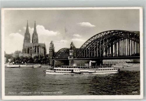 Köln Altstadt-Nord 103 1930 Raddampfer Westmark der Duisburg-Ruhrorter Personenschiffahrt vor Kölner Dom und Hohenzollernbrücke