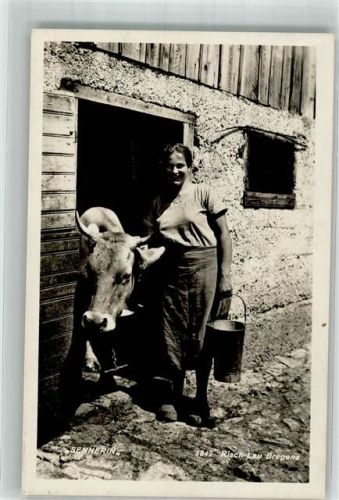 Bregenz 1935 Sennerin mit einer Kuh Fotograf Risch-Lau Hüttenstempel Alpenhotel