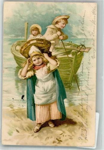 Kinder landen mit einem Ruderboot an Künstlerkarte Trachten Belgien 1906 Gebrauchsspuren
