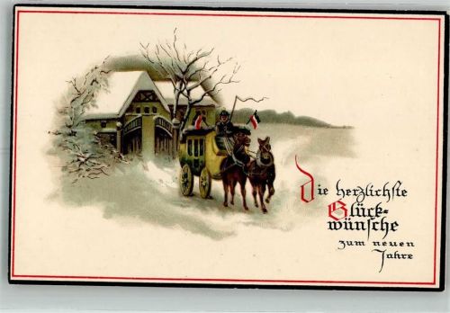 Neujahr Kutsche vor einsamen Haus in Winterlandschaft Schwarz-Weiß-Rot M.S.i.B. 194