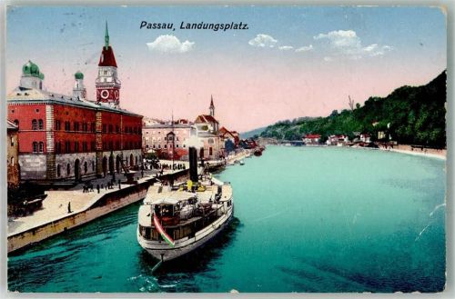 Passau 1929 Dampferanlegestelle vor dem Rathaus Raddampfer Verlag Zieher, Ottmar