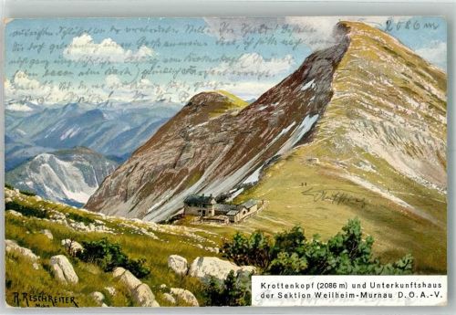 Weilheimer Hütte 1932 sign. Reschreiter Krottenkopf und Unterkunftshaus Hüttenstempel