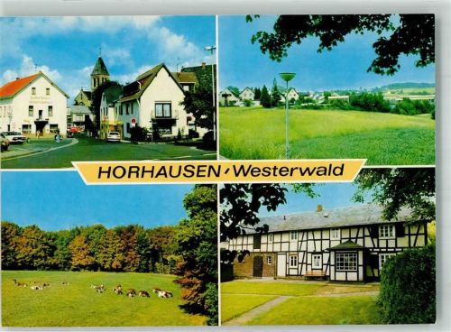 56593 W5453 Horhausen Westerwald Foto AK Gasthaus Pension Westerwaldheim mit Kirche St. Maria Magdalena Fachwerkhaus Naturpark Rhein-Westerwald