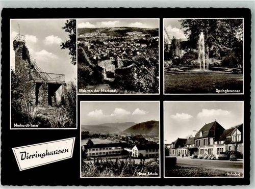 Dieringhausen Panorama des Ortes Merhardt-Turm Neue Schule Bahnhof Springbrunnen