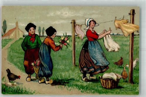 1917 Frau in holländischer Tracht hängt Wäsche auf Hühner Blumen