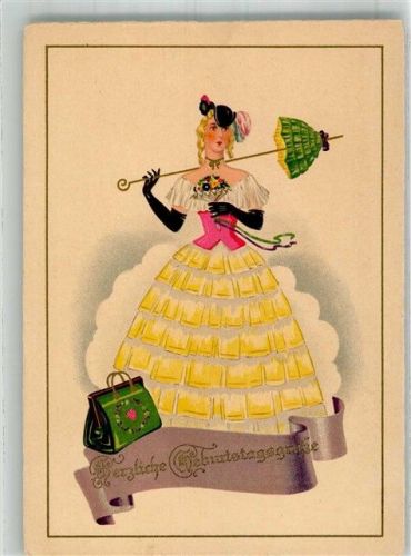 1937 Junge Frau im Reifrock mit Sonnenschirm und Reisetasche Geburtstag