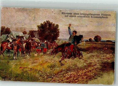 1916 Rückkehr eines kriegsgefangenen Husaren auf erbeutetem Kosakenpferd Feldpost WK I Nr. 157