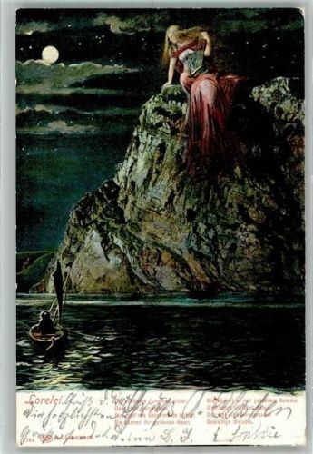 Loreley 1904 Junge Frau mit Harfe im Mondschein auf dem berühmten Felsen Verlag Louis Glaser 1794