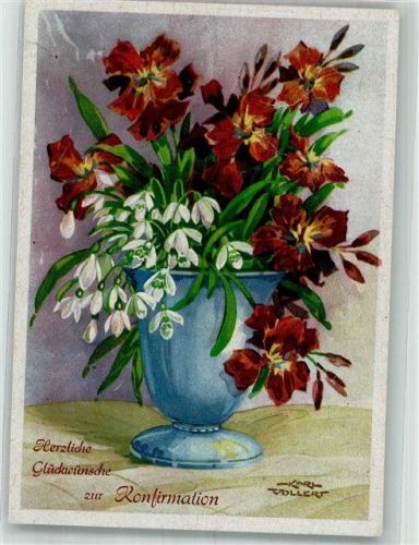 sign. Vollert Karl Glückwunsch Blumen in Vase