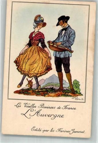Ein Paar in der Tracht aus der Auvergne Informationskarte Pharmawerbung Farines Jammet Maltees