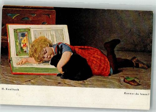Kleines Mädchen mit Hasen vor großem Buch Verlag Hanfstaengl Nr. 133