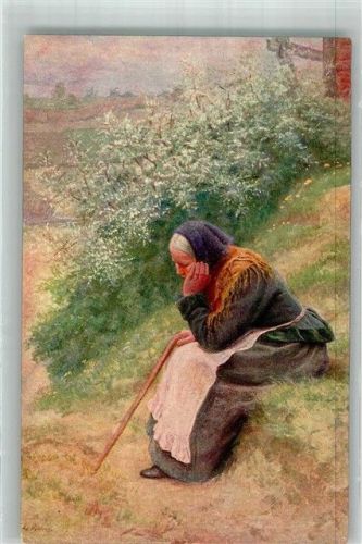 sign. Hering Frühling und Herbst Alte sinnierende Frau am Wegesrand Moderne Meister Arthur Rehn & Co. No. 308