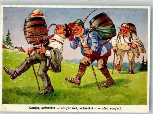 Drei Bayern auf Wanderschaft mit aufgeschnalltem Bierfass Humor Verlag Emil Köhn 522