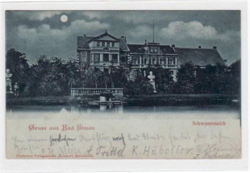 Mondscheinkarte von Bad Elmen mit Schwanenteich gelaufen und Bahnpoststempel von 1899, Zug Nr. 561. Leichter Bug auf der linken Seite in der Mitte und unten rechts, sonst gut erhalten.