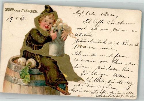 München 1906 Prägedruck Das Kindl mit Radi und einem Bierkrug Künstlerkarte