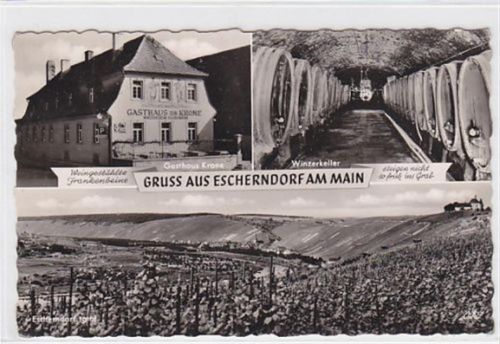 Escherndorf am Main. Totalansicht Gasthaus zur Krone Winzerkeller gelaufen am 14.08.1958. Gute Erhaltung.