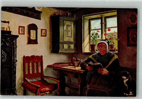 sign. Hansen, Ane Alte Frau liest in der Stube ein Buch Verlag Arthur Schürer & Co. No. 4756