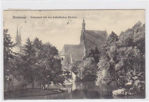 Bromberg AK aus Bromberg Bydgoszcz Braheinsel mit den katholischen Kirchen, gelaufen 1911, gut erhalten.