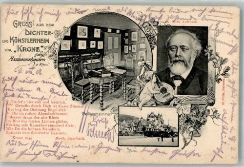 Assmannshausen 1906 Dichter- und Künstlerheim Zur Krone Portrait von Berthold Auerbach Engel mit Laute