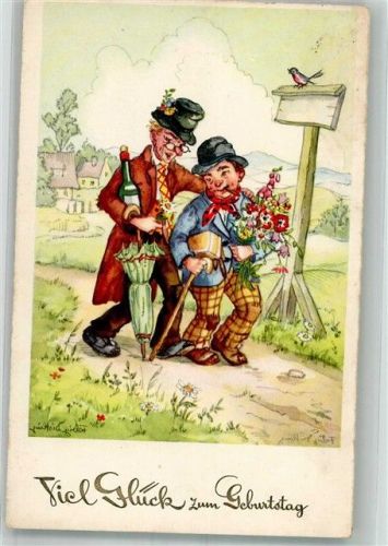 Geburtstag Zwei Landstreicher mit Blumen Geschenken und Weinflasche HACO Nr. 4316 Notopfermarke