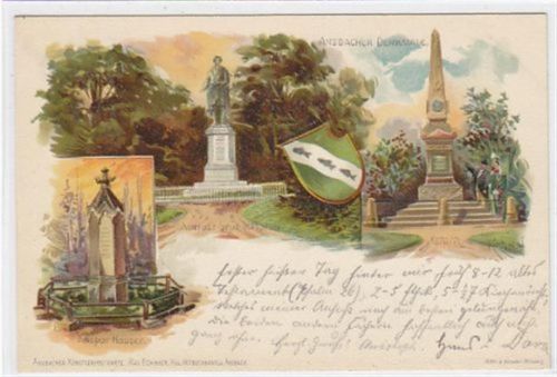 Ansbach Lithographie Ansbach. Kaspar Hauserdenkmal August Graf v. Platen weiteres Denkmal von 1870/71 gelaufen am 28. August 1899. Sehr gute Erhaltung.