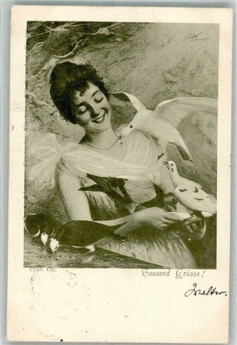 1898 Junge Frau füttert Tauben Ackermann's Kunstverlag No. 352 Adelskorrespondenz