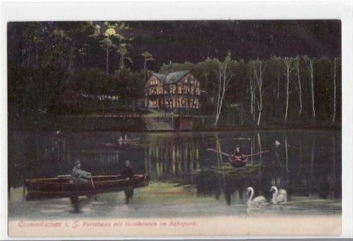 Crimmitschau mit Forsthaus und Gondelteich im Sahnpark gelaufen von 1911. Leichter Bug oben rechts und unten in der Mitte, sonst gut erhalten