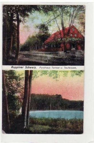 Ruppiner Schweiz. Abgebildet ist das Forsthaus Tornow mit dem Teufelssee. Postalisch befördert mit Marke und Stempel. Kleiner Knick an der oberen rechten Ecke und an der unteren linken Ecke, sonst gut erhalten.