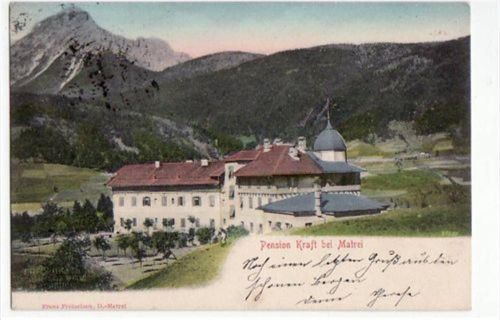 Pension Kraft bei Matrei gelaufen von 1905. Leichte Stempelspuren, sonst gut erhalten