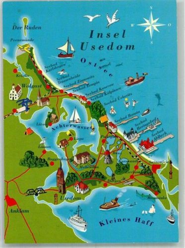 Usedom Stilisierte Landkarte der Insel Usedom mit Sehenswürdigkeiten