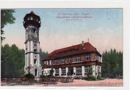 Scheibenberg mit Aussichtsturm und Unterkunftshaus ungelaufen kleiner Knick mit Einriß am linken Rand unten, sonst gut erhalten