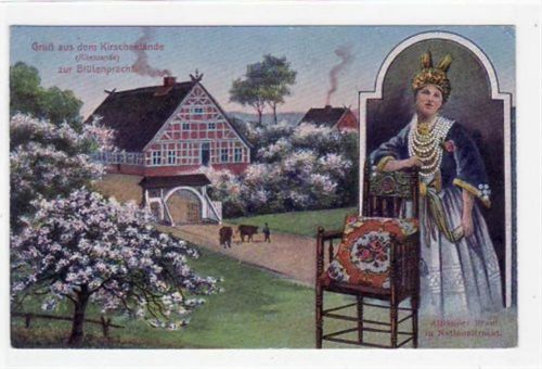 Gruss a.d. Kirschenlande, Altenlande mit Blütenbracht u. Altländer Braut in Nationaltracht gelaufen, 1925. Gute Erhaltung.