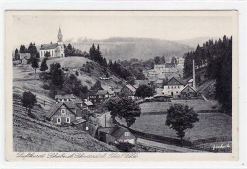 Oberweißbach Scheibe im ob. Schwarzatal mit Teilansicht und Kirche ungelaufen Gute Erhaltung.