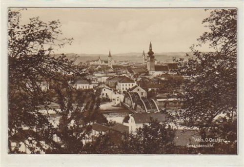 Wels Fotokarte von Wels. Gesamtansicht mit Brücke gelaufen am 15.08.1931. Gute Erhaltung.